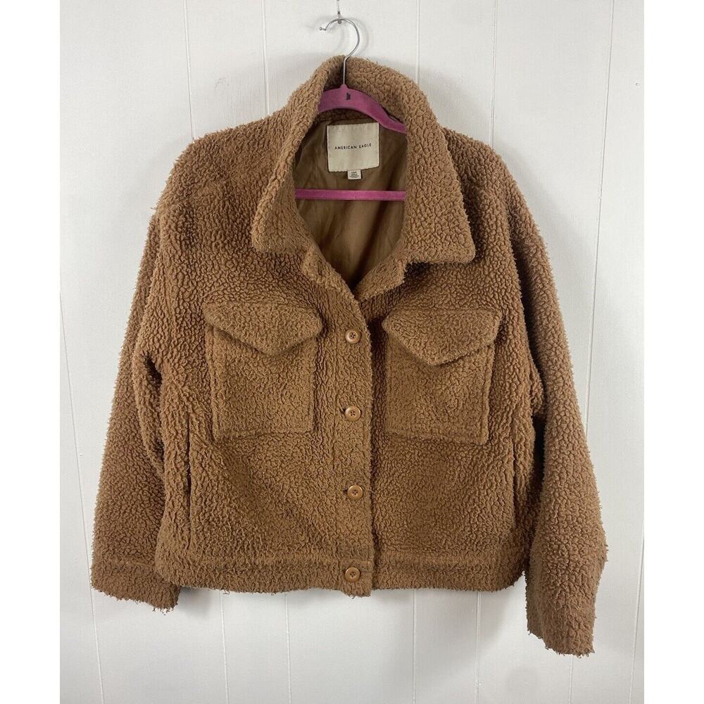 American Eagle cropped Sherpa Jacket Size Large Button Fleece Teddy Pocket